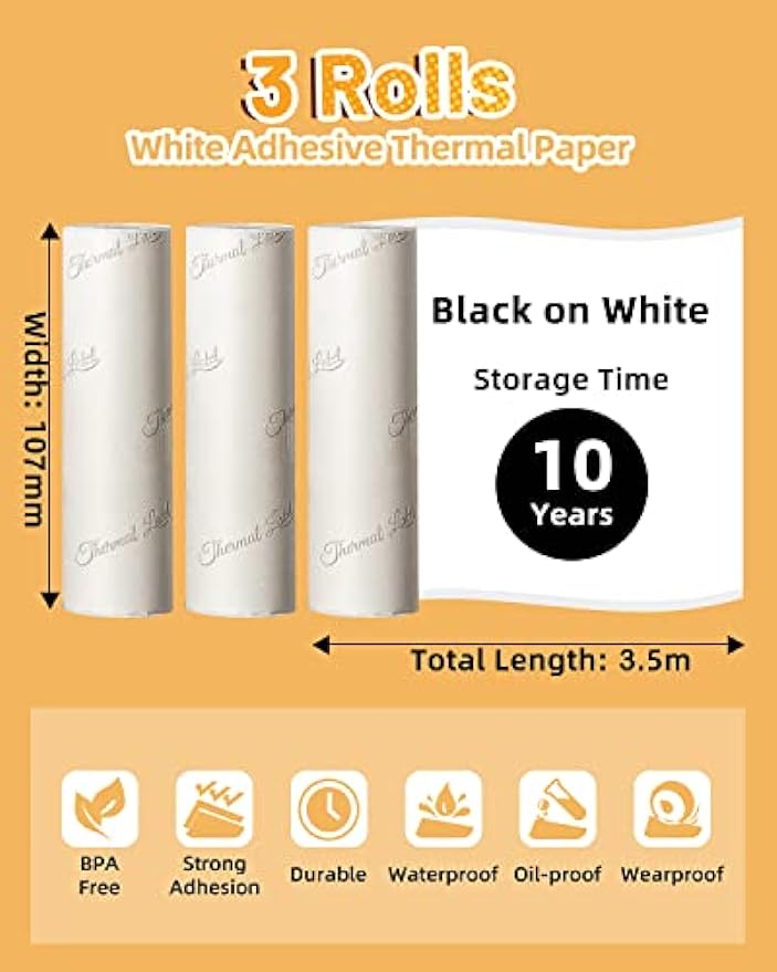 imprimível, papel para M04S, impressora M04AS, 107mm x 3.5m, 3 rolos