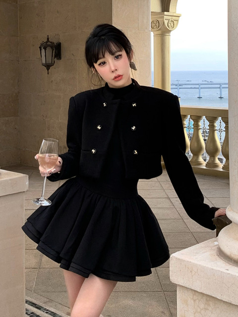 2023 Autumn Elegant Black Two Piece Dress Set Women casual
