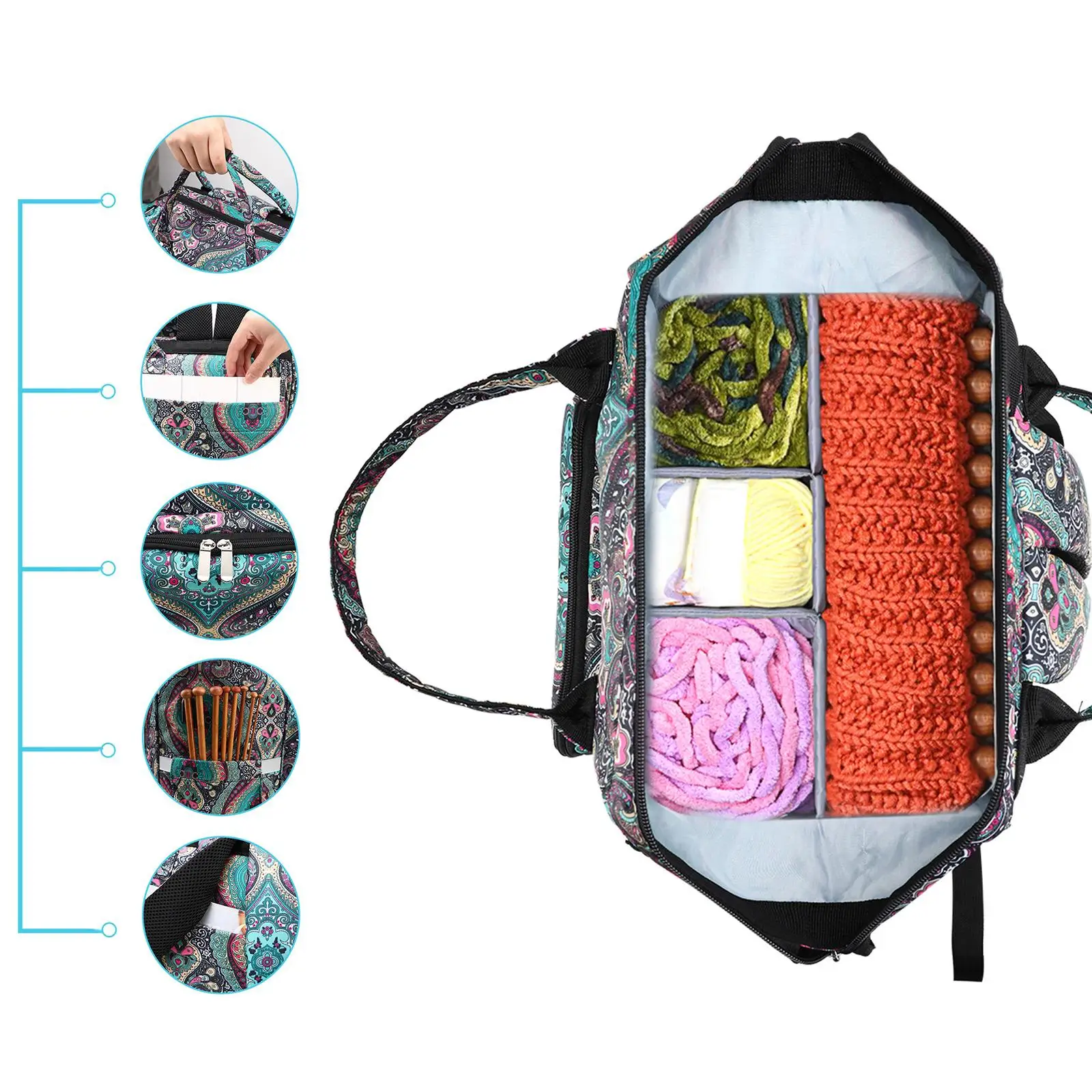Crochet Backpack Nylon Equipment Multi Pockets Storage Tote Bag for Camping Knitting Needle Carrying Projects Home Sewing Tools