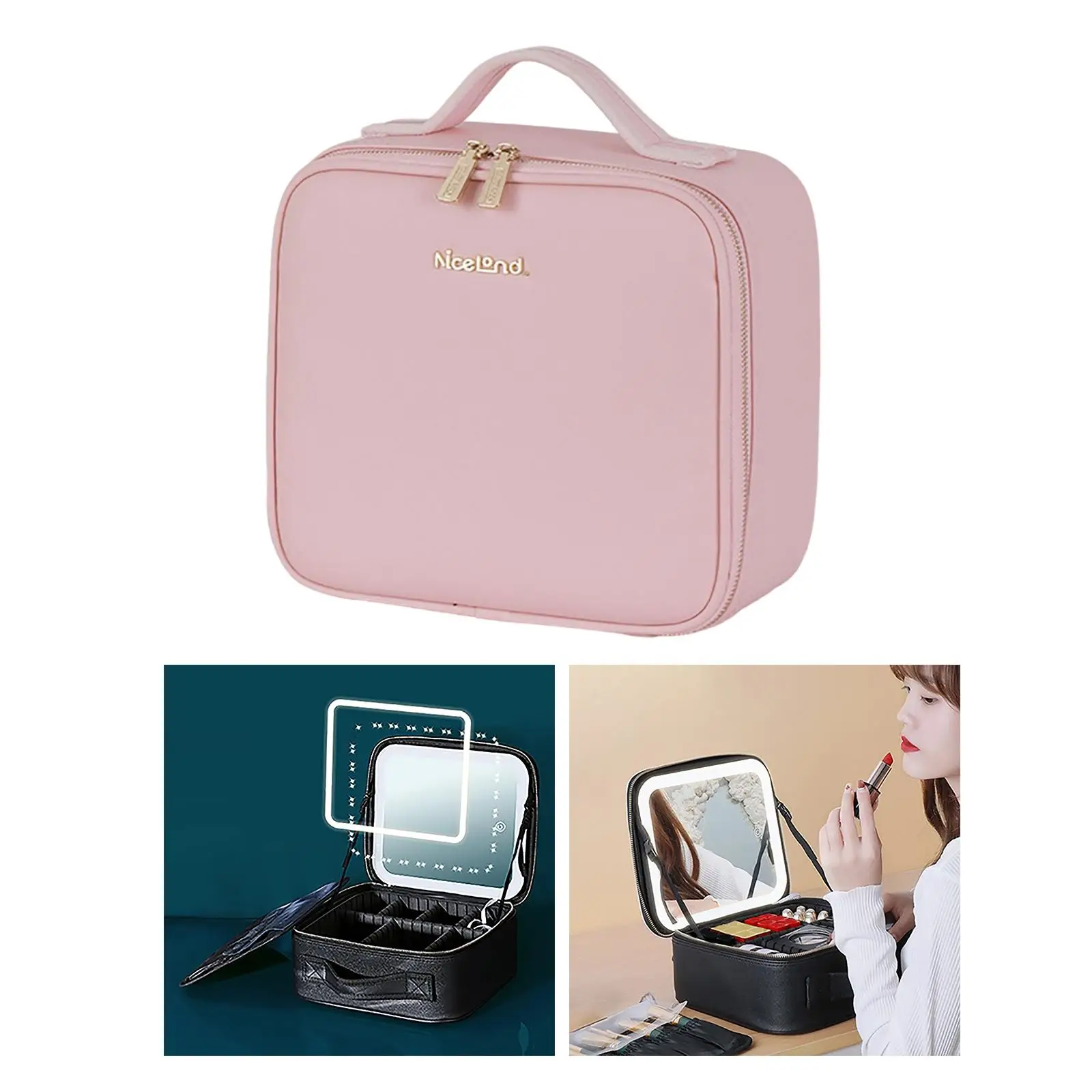 Train Makeup Case with LED Mirror Adjustable Dividers Beauty Box for Toiletry Makeup Brushes Cosmetics Organizer