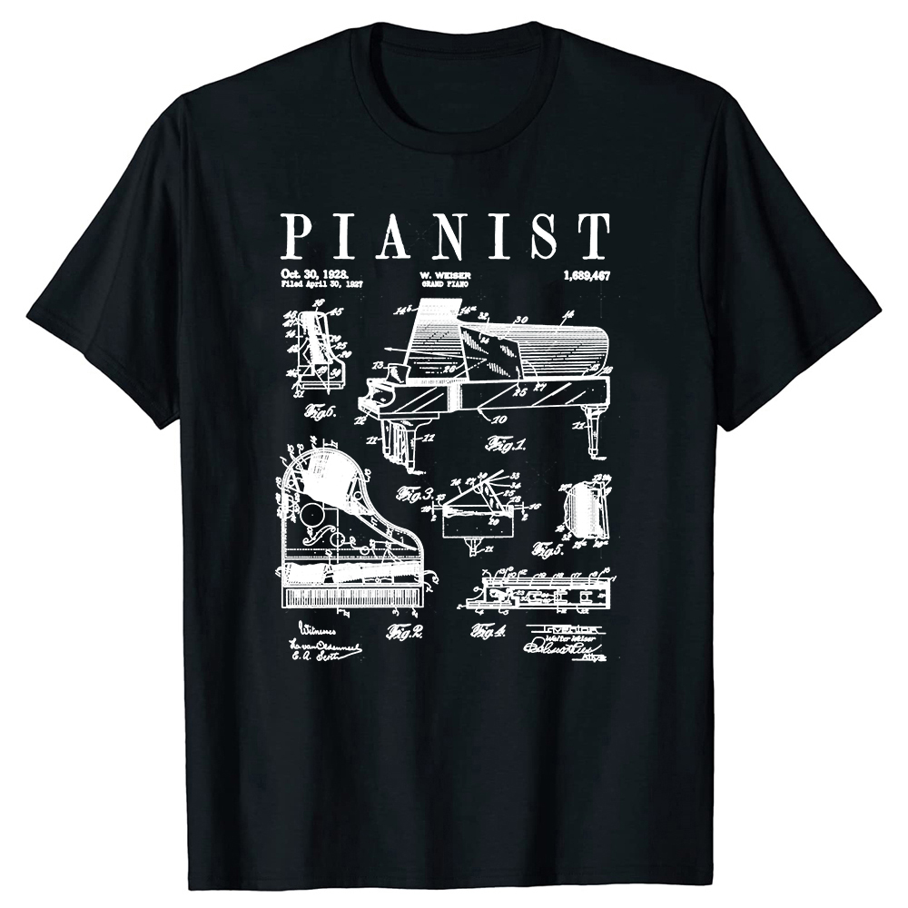 Flügel alte Vintage Patent Pianist Zeichnung T-Shirts Sommer Baumwolle Streetwear Kurzarm Musik instrument Geschenke T-Shirt – Detail 2