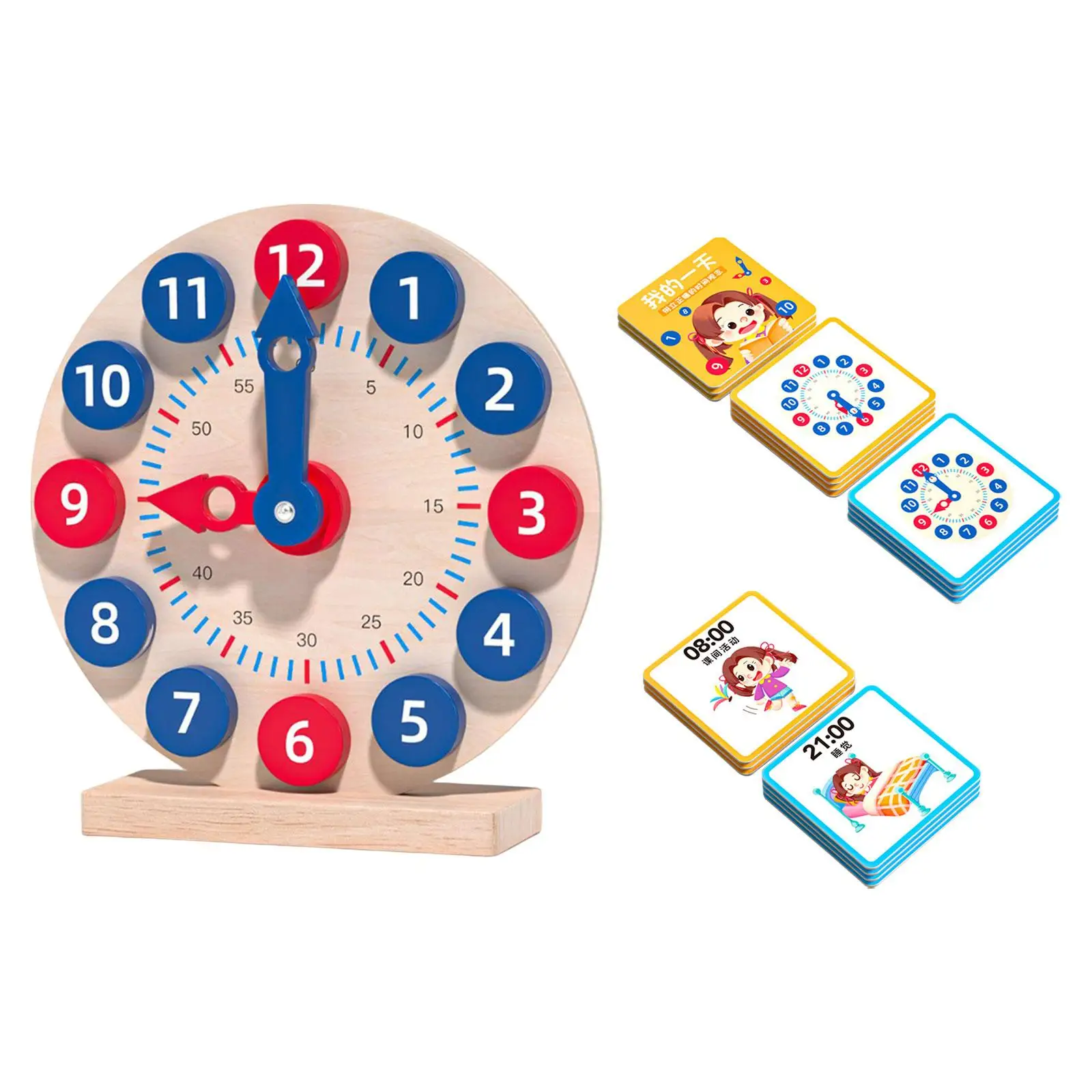 Wooden Toy Clock Learn to Tell Time Multifunctional Teaching Time 18 Reversible Time Cards for Gift Boy Girl Children