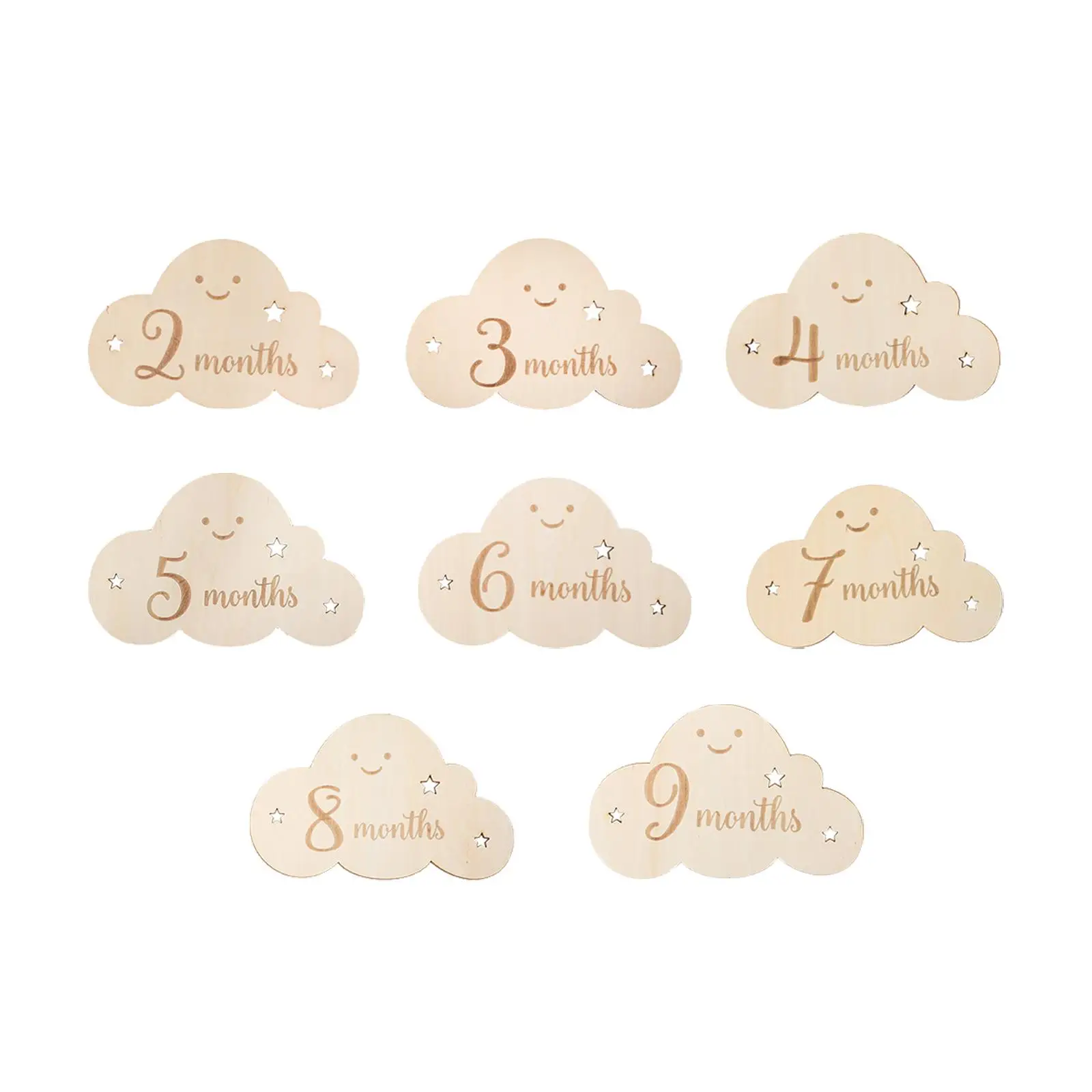 8x Wooden Baby Milestone Cards Keepsake Toy Cute Clouds Shape for Newborn to Age 1 New Mom Gifts Record Growth Monthly Stickers