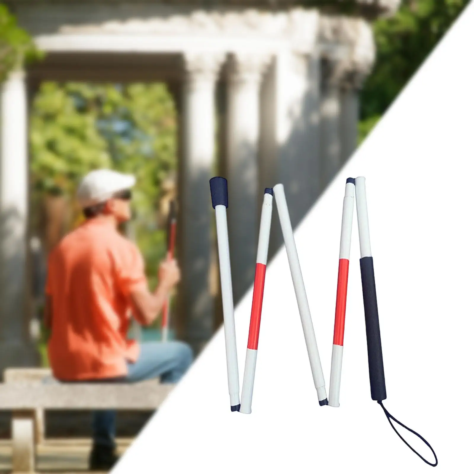 Folding Blind Cane Red and White with Red Reflective Tape for Outdoor Hiking
