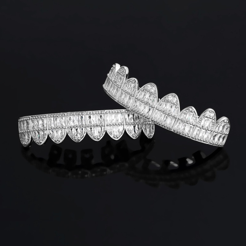 HipHop vereist t Quadrat Zirkon Zahn grillz Körper Piercing Schmuck Vampir echte vergoldete Zähne Grills oben unten Kappe gesetzt – Detail 3