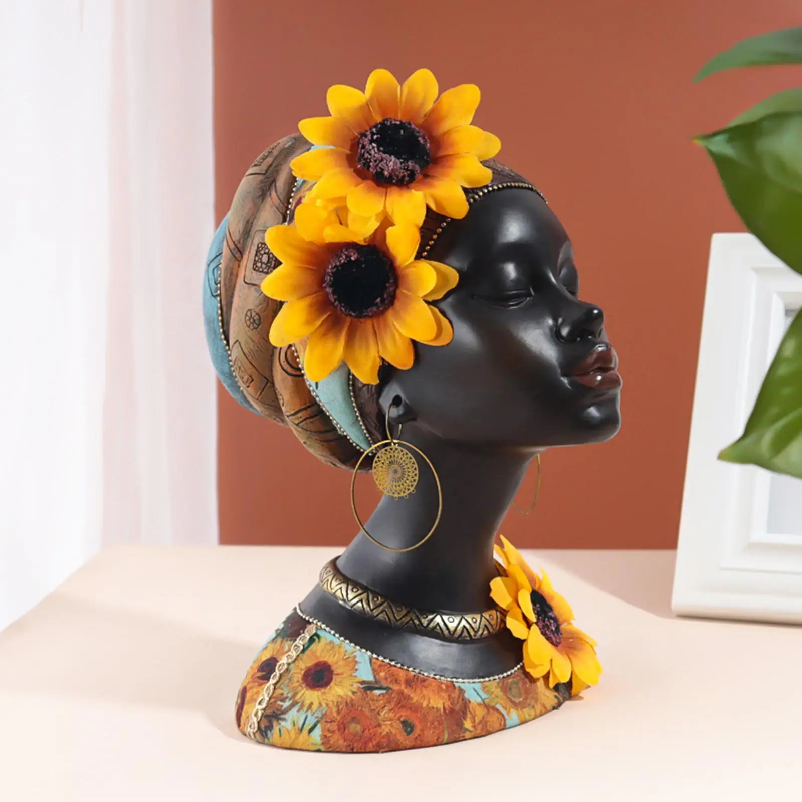 Sunflower African Woman Head Statue Creative for Bar Table Centerpiece Party