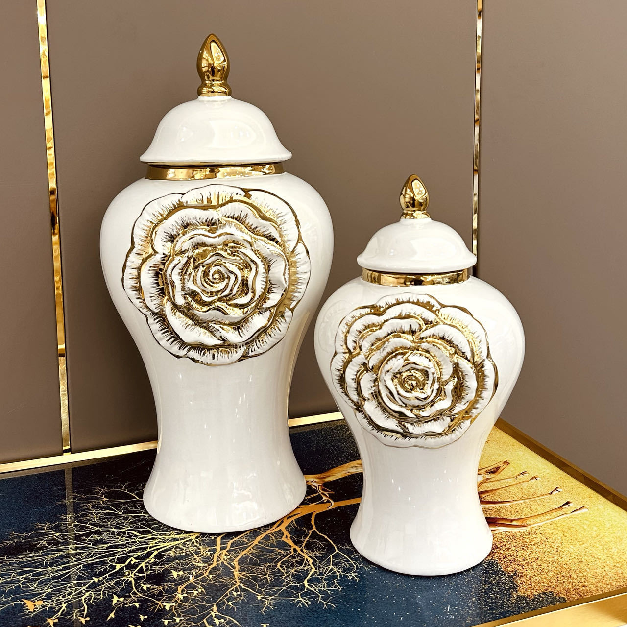 Gold Rose Relief General Can Ginger Jar Porcelain Storage Tank Flower Vase Desktop Storage Organization Home Decoration