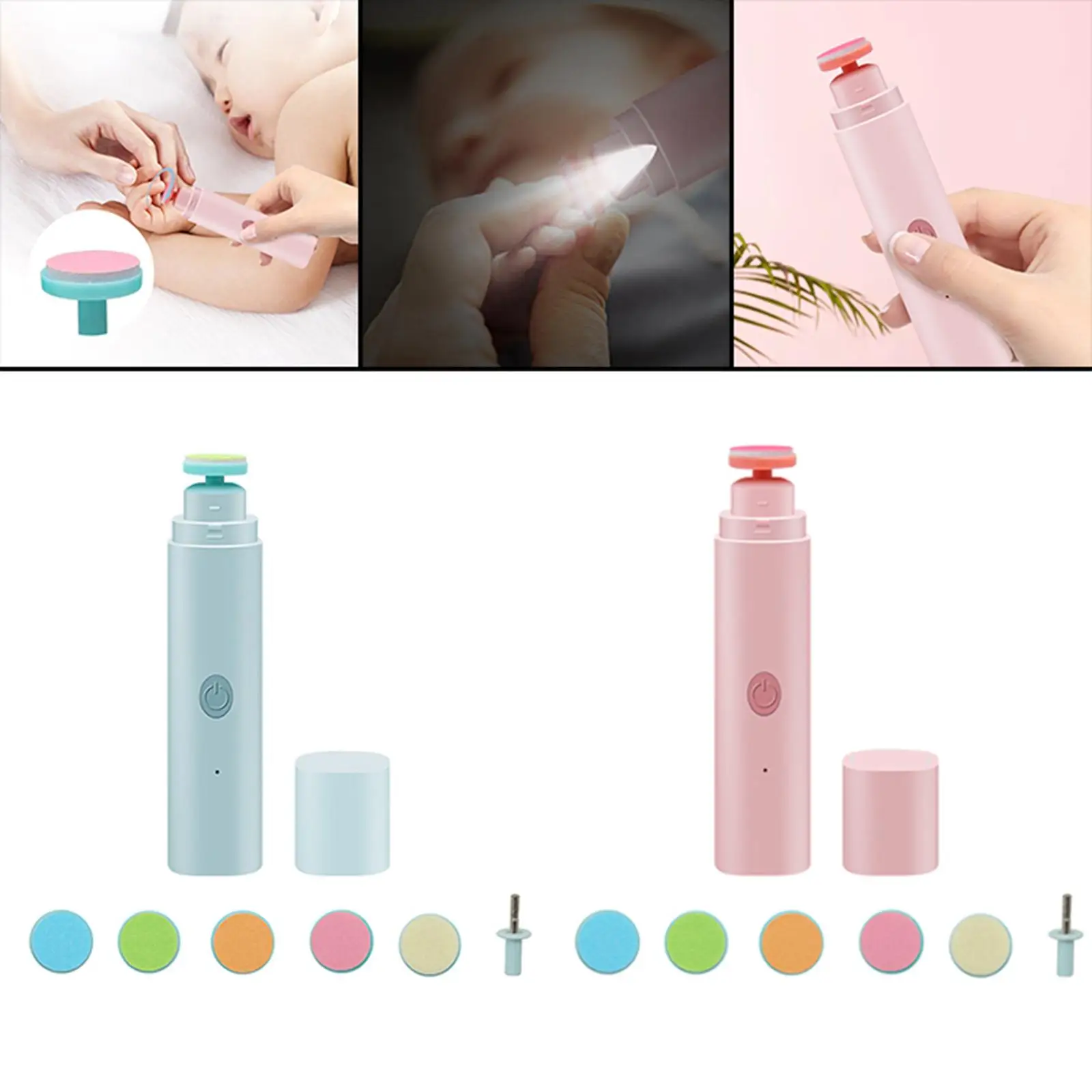 Electric Baby Nail File Drill Safety Trim Polish 6 Grinding Heads Grooming Manicure Care Clipper for Toes Fingernails Infant
