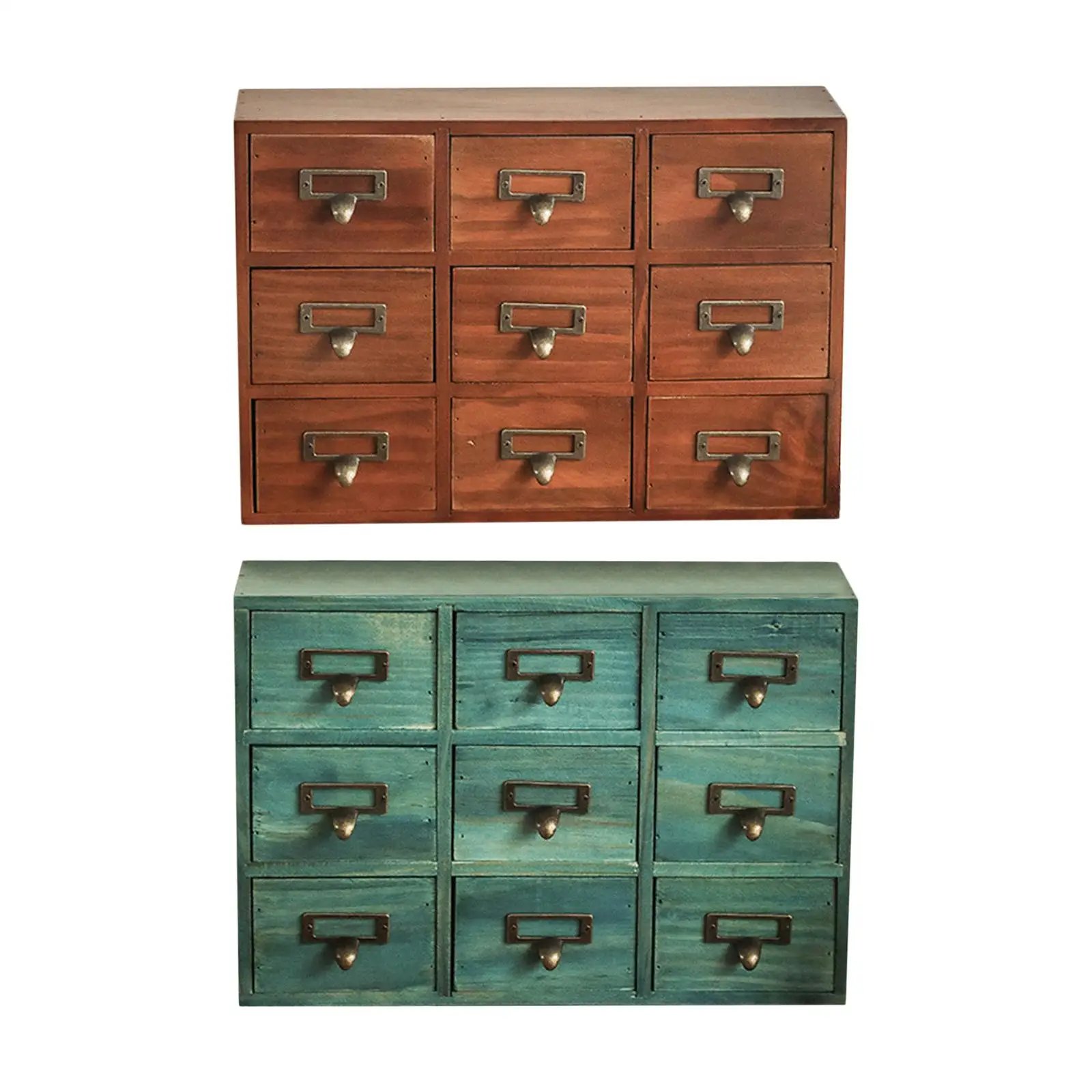 Desktop Storage Cabinet with 9 Drawers Retro Look Wooden with Metal Pulls Medicine Cabinet for Organization Home Bedroom Counter