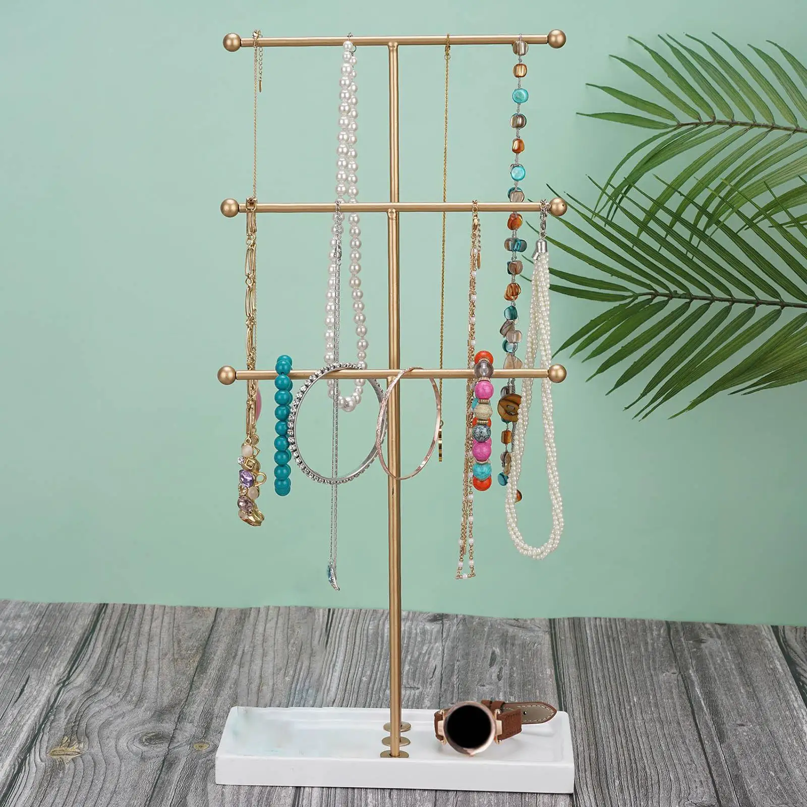 Table Top 3 Tiered Bars Necklace Display Stand, for Displaying, Storing and Organizing Necklace Holder with Resin Base