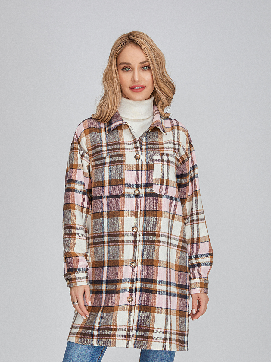 Women Long Sleeve Lapel Button Down Casual Plaid Shacket Jacket