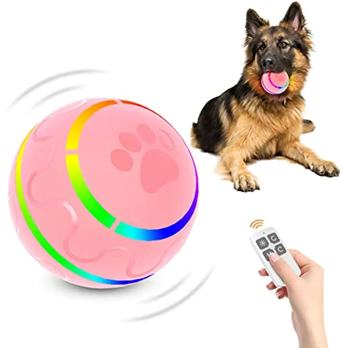 A pink flashing ball with a remote control next to a big pup's paw.