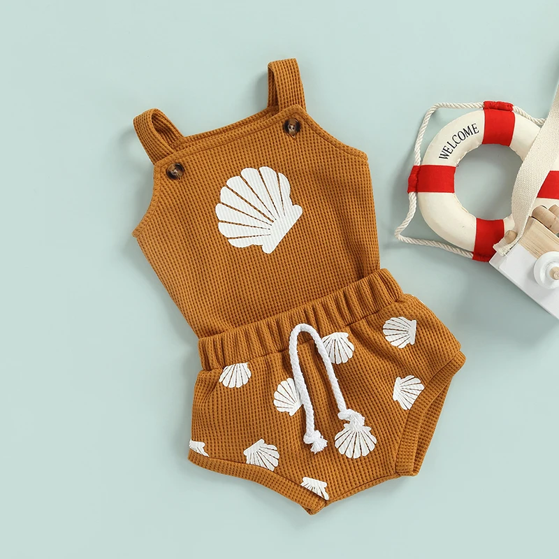 Baby Summer Clothing Sets 0-18M Toddler Infant Boys Girls Shell Print Strap Button Plaid Knitted Bodysuits+Shorts Tracksuits Baby Clothing Set expensive