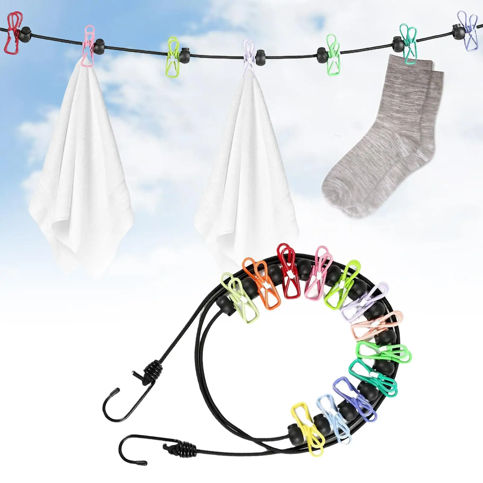 Travel Laundry Clothesline with Hooks and Suction Cup Non Slip Elastic Drying Cord Laundry Drying Rope for Indoor RV
