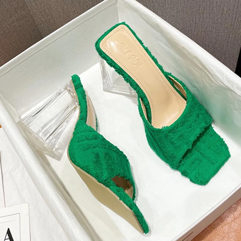 2023 Fashion Summer Women Shoes High Heel Green Corduroy Shoes Sandals ...