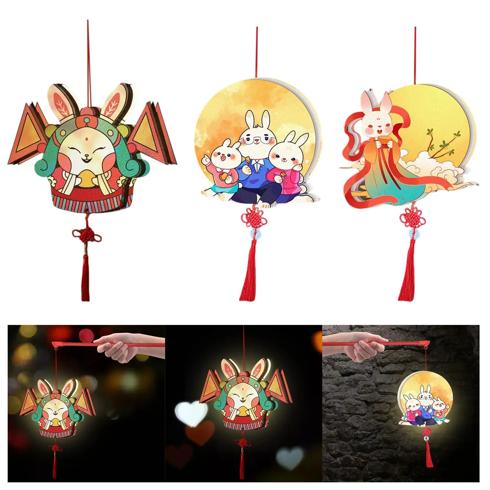 Chinese Mid Autumn Festival Lantern Making DIY Accessories Rabbit Shape Portable Glowing Light Hanging Lantern Handmade Decor