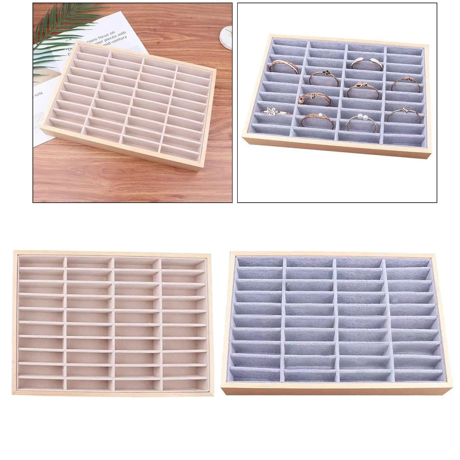 Wood Velvet Jewelry Organizer Display Case Tray Box for Necklaces 40 Grids