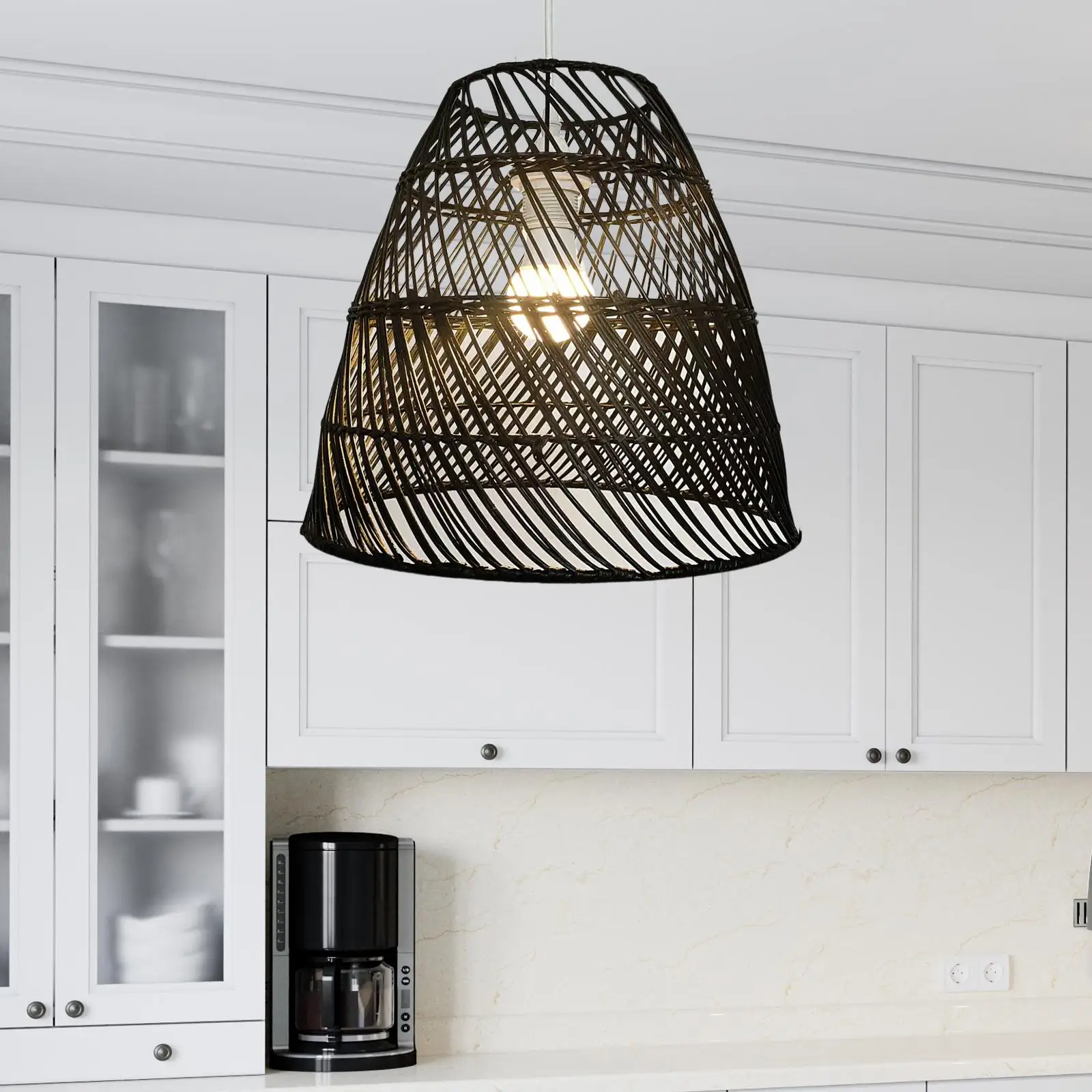 Rattan Woven Lamp Shade Retro Woven Pendant Lampshade Hanging Light Cover for Kitchen Cafe Restaurant Bedroom Dining Room