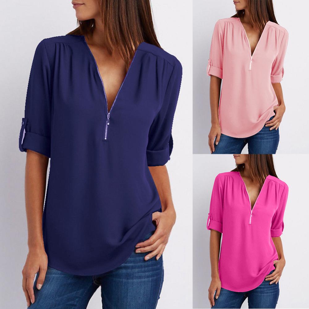 Title 2, Casual Office Lady Blouses Sexy Solid Color Zip...