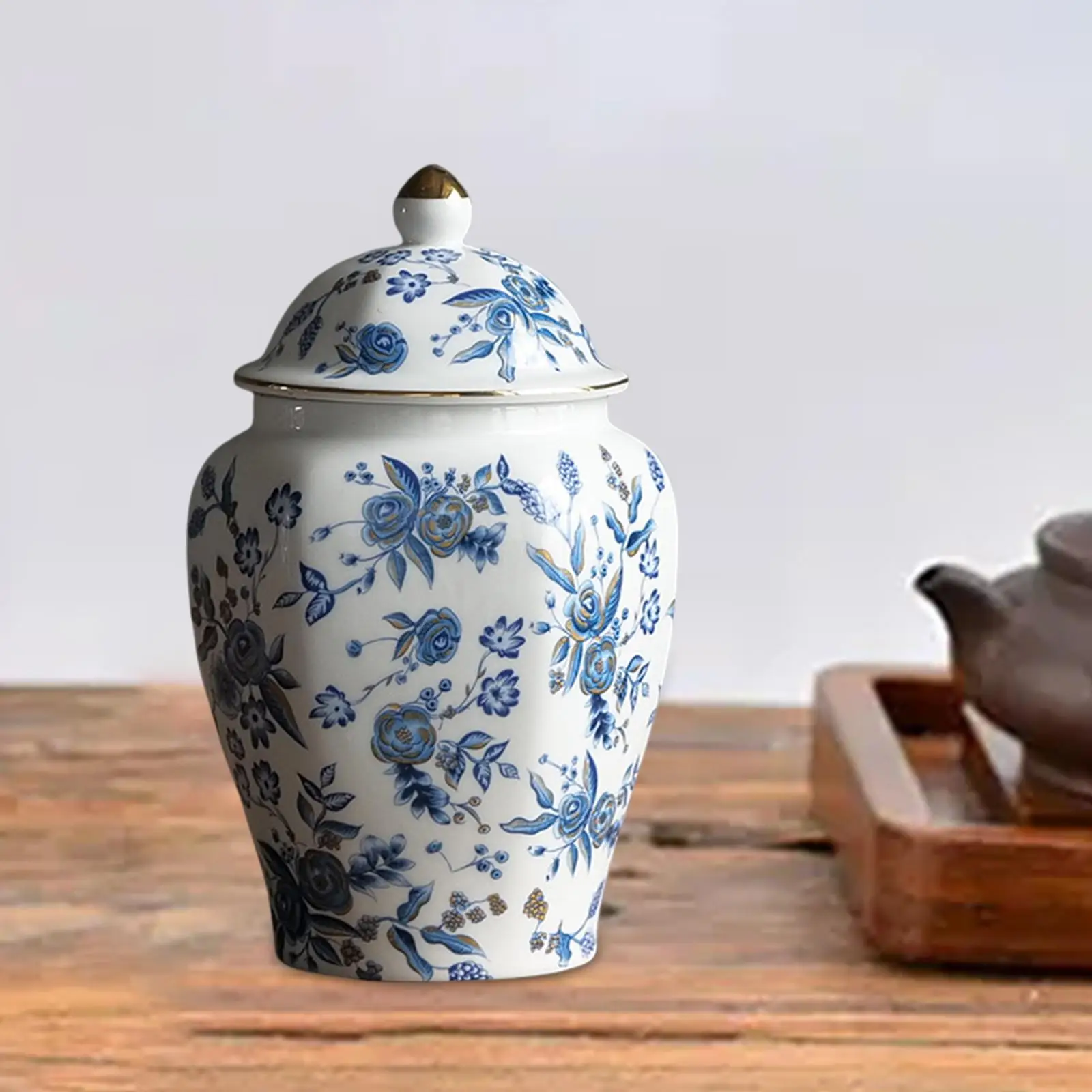 Flower Vase Storage Canister Chinese Blue and White Porcelain Pot Asian Decor Weddings Classical Ginger Jar with Lid Temple Jar