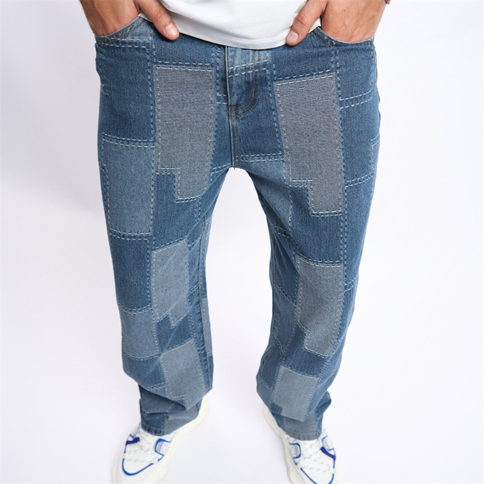 Men Patch Baggy Jeans Deep Light Blue Color