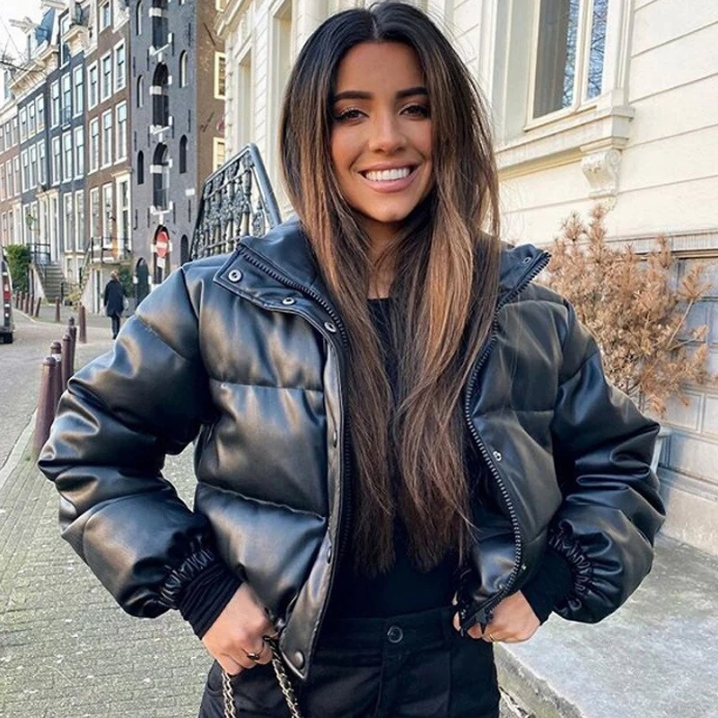 2022 Winter Thick Warm Pu Leather Coats Women Short Parkas Female Fashion  Elegant Zipper Black Cotton Padded Down Jacket Lady - Jackets - AliExpress