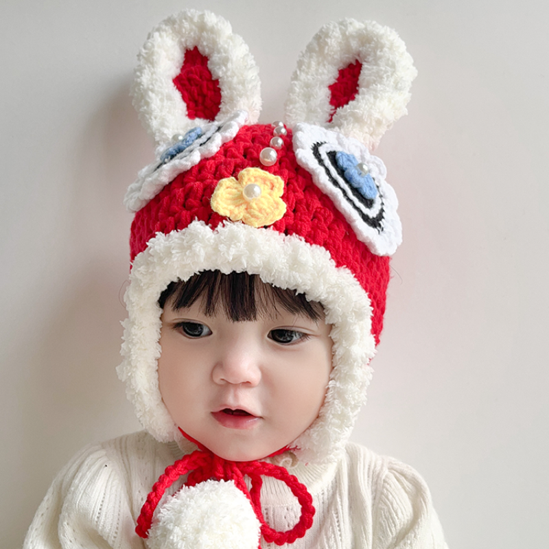 Eltern-Kind-Kaninchen hut im chinesischen Stil Kinder Neujahr rot niedlich Mütze Winter Hanfu Originalität Persönlichkeit Hut Hasen hut – Detail 10