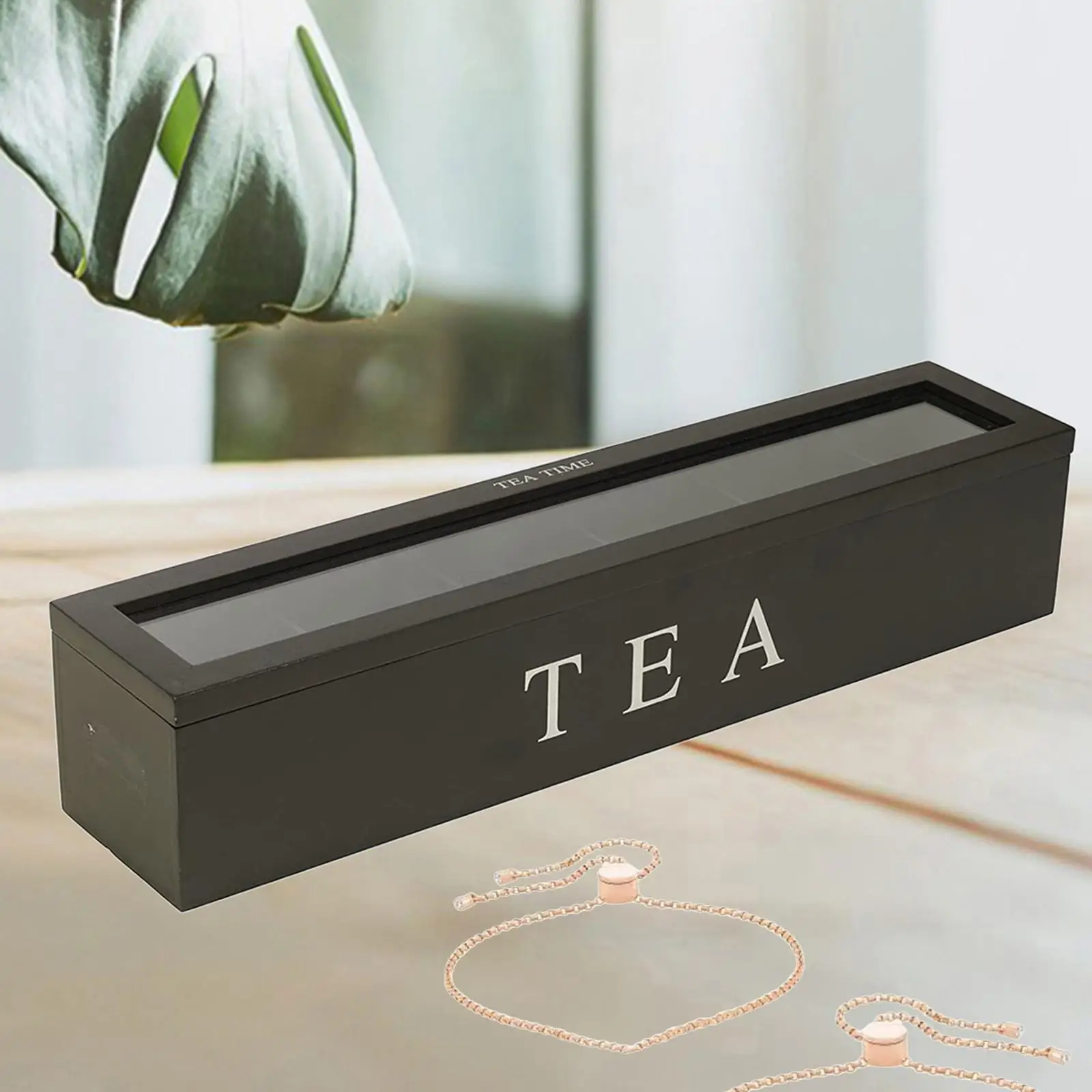 Wooden Tea Bag Chest Box Glass Storage Organizer