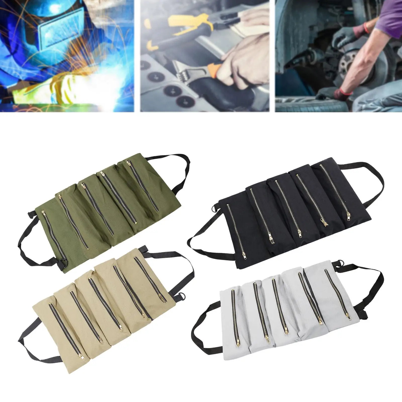 Roll up Tool Bag Zipper Carrier Tote Collapsible Canvas Wrench Tools Pouch Small Tool Bag for Carpenter Plumber Electrician