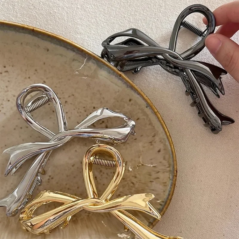 Koreanische Geometrische Metall Gold Silber Schwarz Gaint Bogen knoten Haar Klaue Clip für Frauen Dicke Dünne Kopf Zubehör Streamer Krabben Klemme – Detail 2