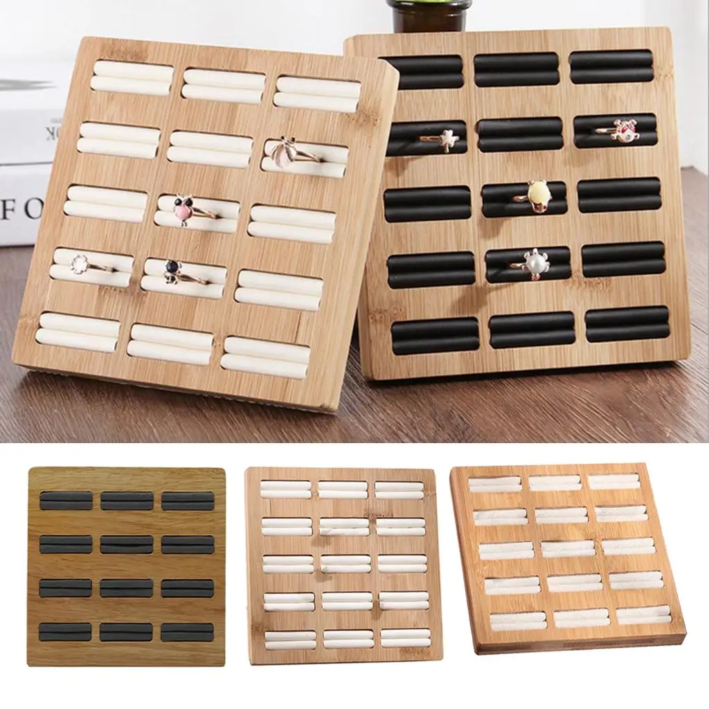 Jewelry Ear Studs Display Box Case Rings Holder Organizer, Bamboo Wood