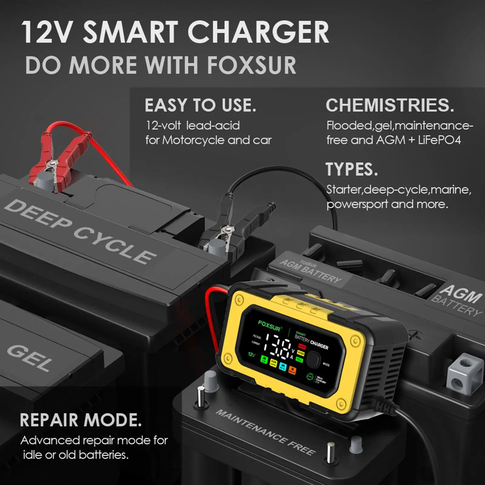 Smart Car Battery Charger Large Screen Colors Smart Battery Trickle Charger