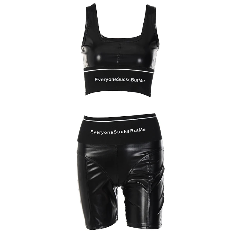 womens underwear sets hirigin Pu Leather Patchwork Letter Print Tank Pants 2 Pieces Set Solid 2022 Spring Bodycon Streetwear Evening Party Y2K Wear shorts and top set