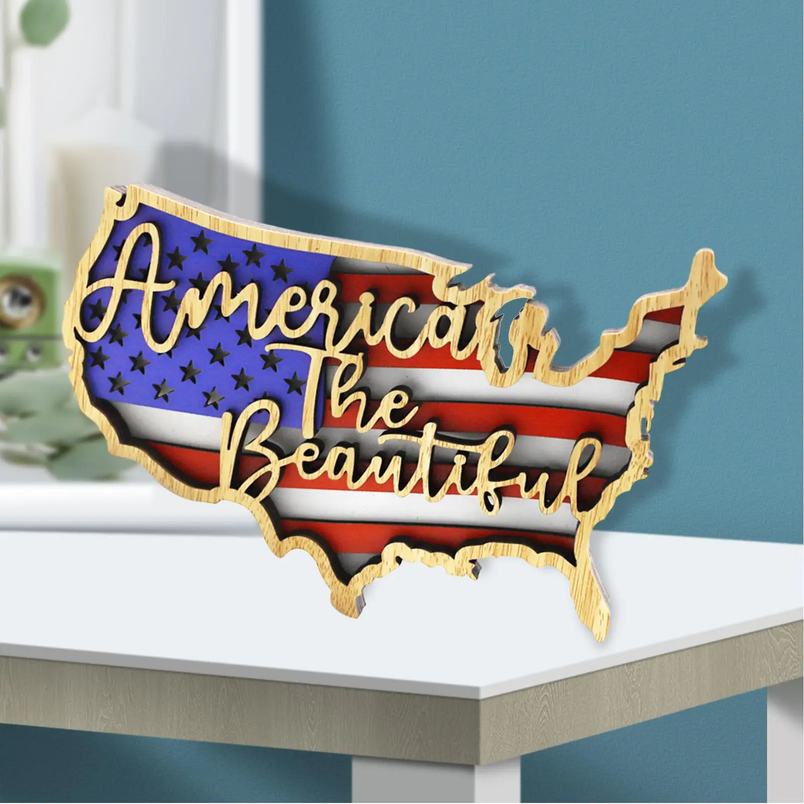 Wooden American Flag Ornament National Outline Hollow Design Framed Wall Art for National Day Home DIY Crafts Statue Home Decor