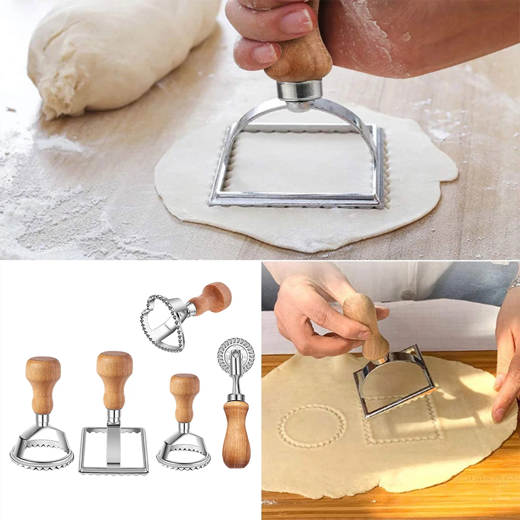 Ravioli Maker Cutter Stamp Set Leading Cutter and Press Stamps with Wooden Handle for Ravioli,,Dumplings 5Pcs