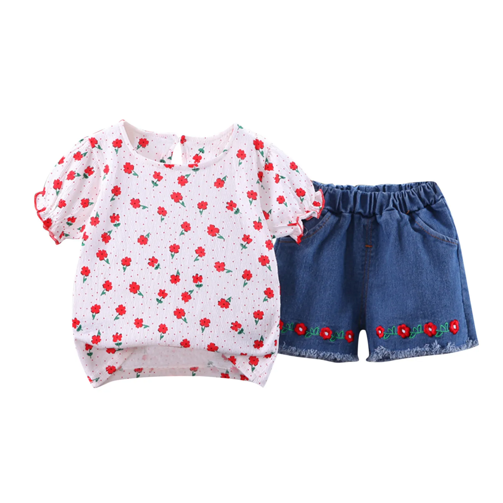 18months-baby Girl Clothes Toddler Kids Girls Clothes Short Sleeve Floral  Print T Shirt Top Jeans Shorts Casual 2PCS Little Blue | АлиЭкспресс