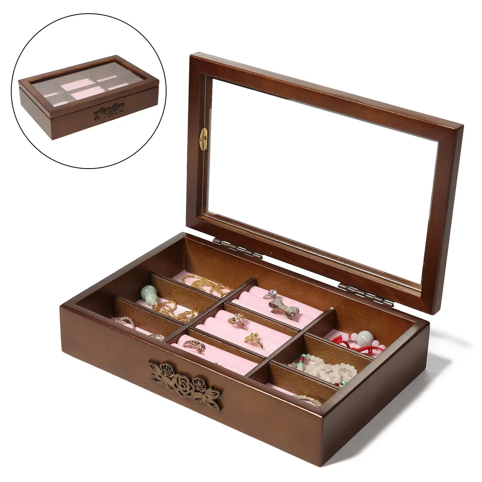 9 Slots Wooden Jewelry Storage Box Organizer for Earrings Rings Necklaces Watches