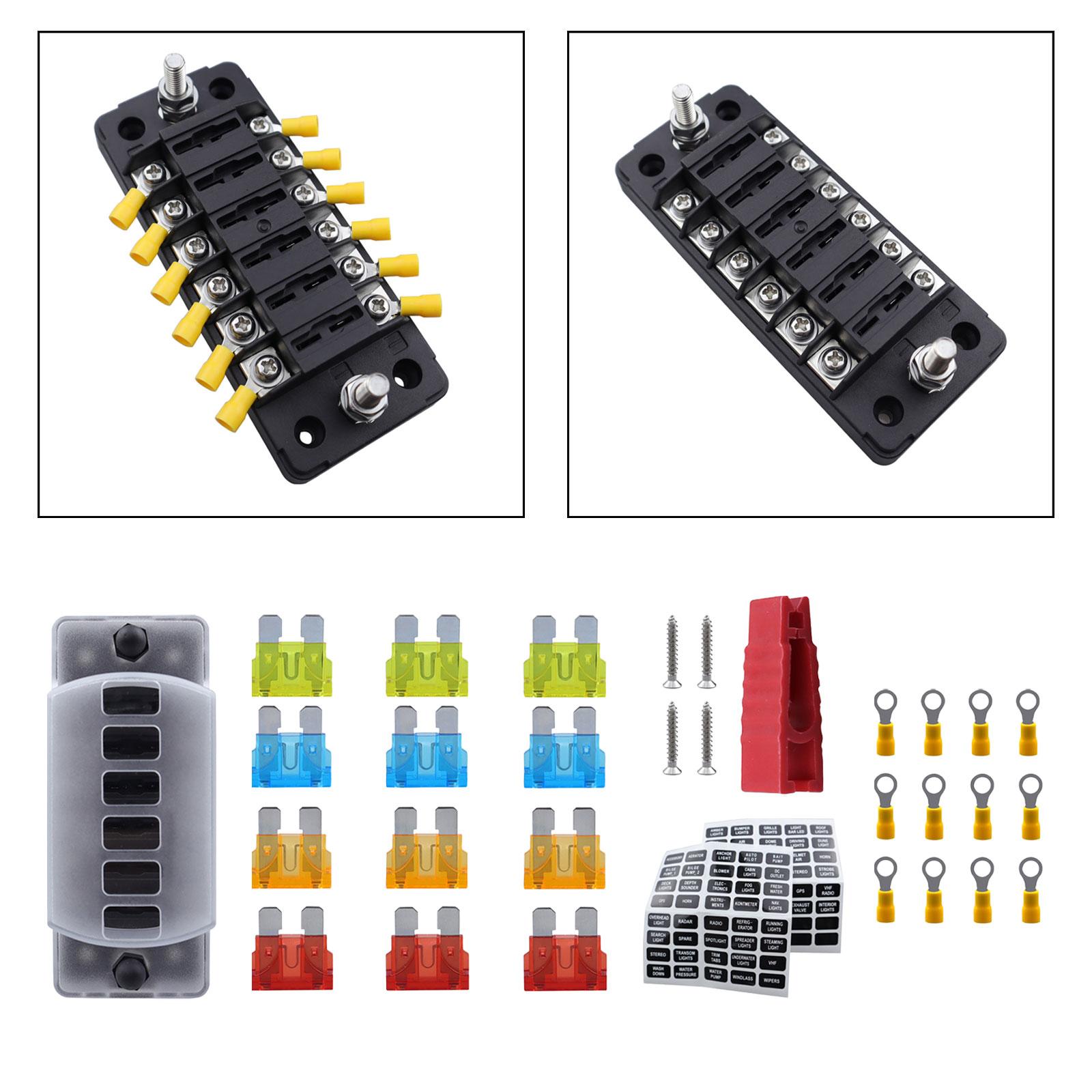 6 Way Blade Fuse Block Waterproof with Negative Bus Circuit Holder Panel Fuse Box for Marine Automotive SUV Vehicle Car