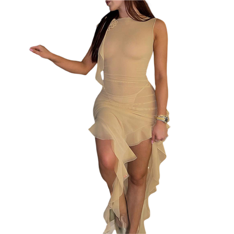 Ruffle Dresses for Women Solid Color Sleeveless Irregular Hem Long Dresses See Through Sheer Dress with 3D Flower
