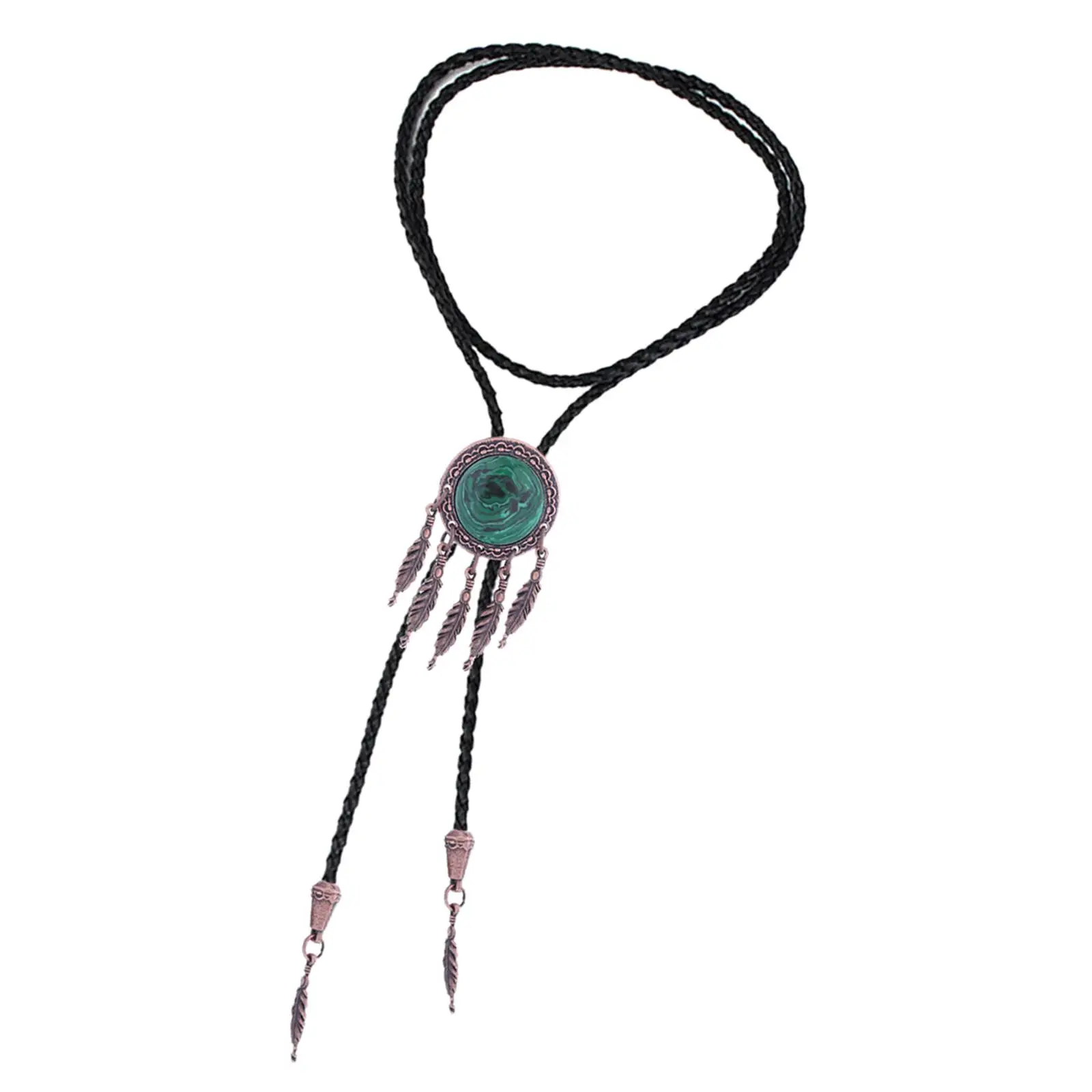 Retro Bolo Tie Green Pendant Necktie PU Leather Men Women Gift Adjustable Costume Shirt Chain Necklace Tie for Party Birthday