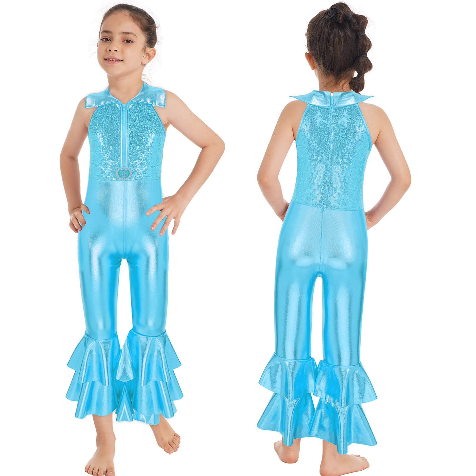 Kinder Mädchen Pailletten Ballett Gymnastik Trikot Vintage Party Hippie Kostüm Disco Diva Tanz Leistung Overall Glocken boden – Detail 8