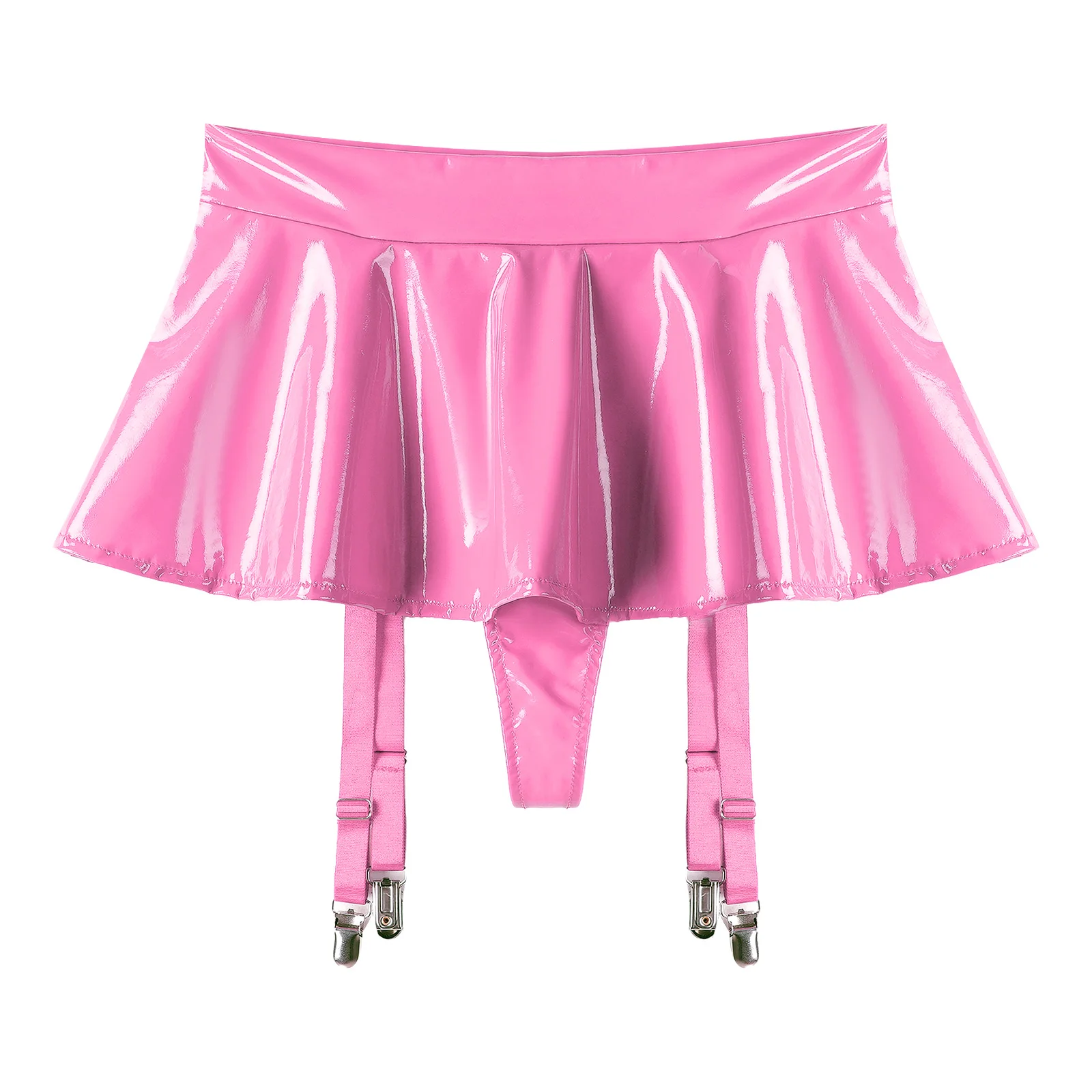 Womens Wet Look Patent Leather Ruffle Mini Skirt Built-in Thongs Garter Belts Metal Clips Lingerie Miniskirt Rave Party Clubwear