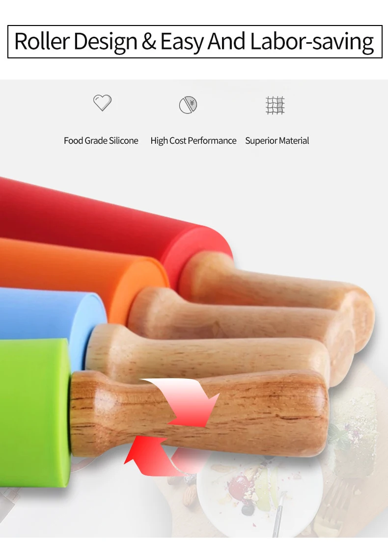 Description Picture 6 of item23/30/39cm Silicone Rolling Pin Non-Stick Pastry Dough Flour Roller Wooden Handle Pizza Pasta Roller Kitchen Pastry Baking Tool