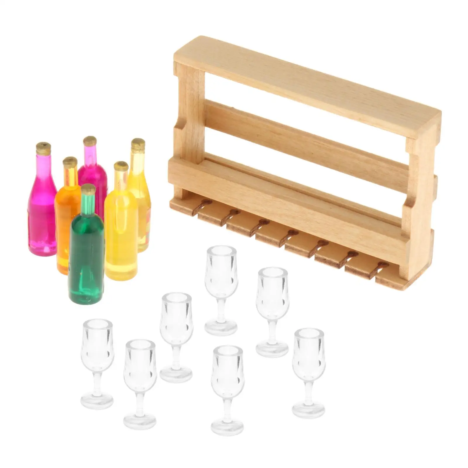 14x 1/12 Scale Miniature Wine Rack with Bottles and Glass Cup for Kitchen