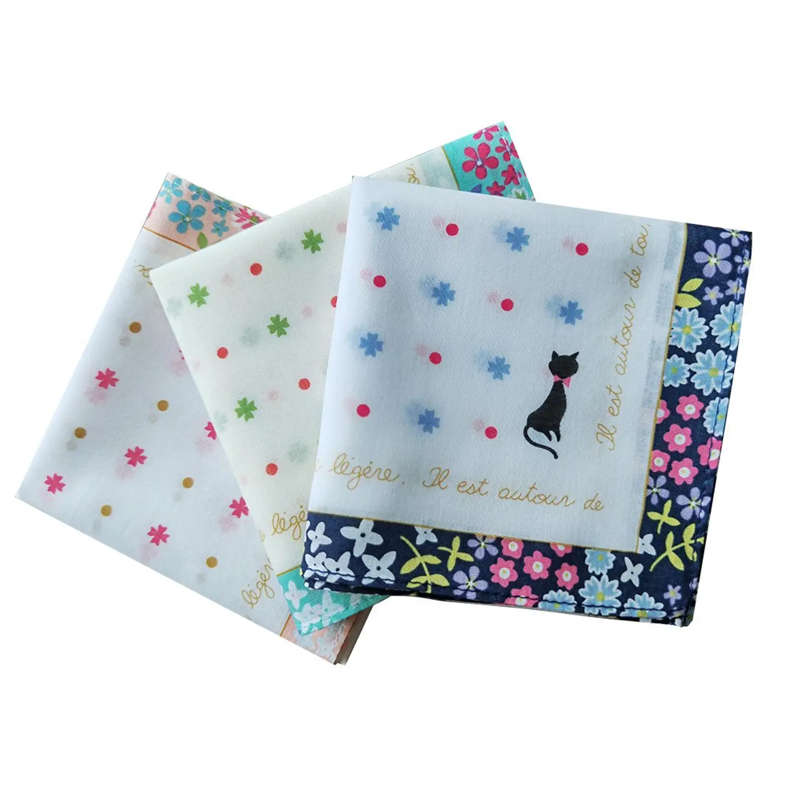 3x Women Cotton Handkerchiefs Square Pocket Ladies Hankies Gift Towel Kerchief Bandanas 34cm for Party Prom Wedding Girls Bridal