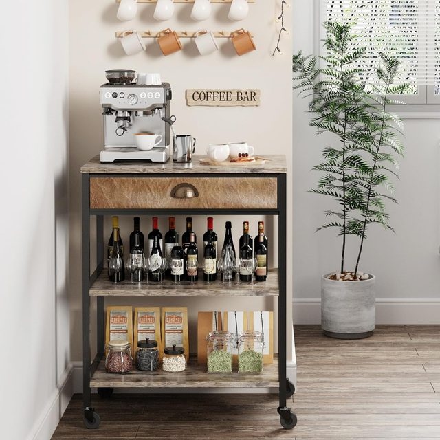 X-cosrack Coffee Bar Cabinet，3 Tiers Kitchen Coffee Cart with Drawer for  The Home, Movable Farmhouse Coffee Station Table on Wheels for Living Room