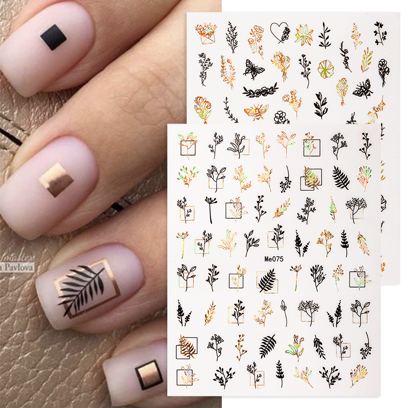 1 Pc 3D Nail Stickers Leaves Sliders for Nails Gold White Bronzing Flowers Gradient Adhesive Sticker Nail Design Art Decorations