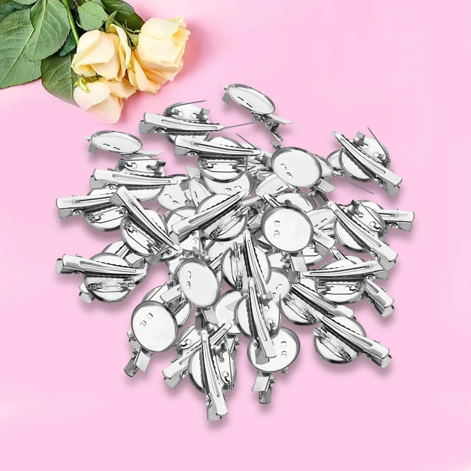 50Pcs Brooch Blank Round Tray with Pin and Hair Clip Accessories Durable Metal Portable for Haircuts Jewelry Making Hairdresser