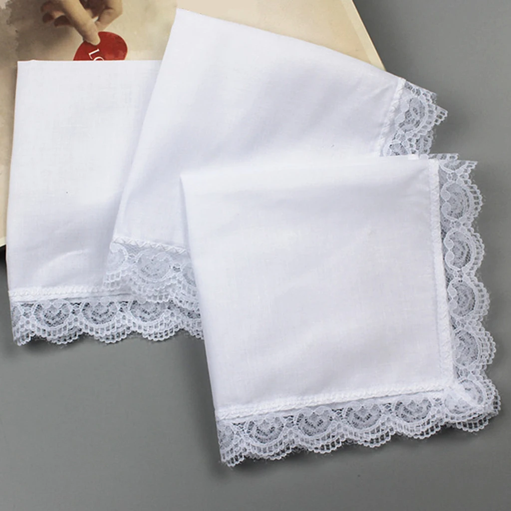 5x  Cotton Solid White Handkerchief Hankies  Square with Lace Edge
