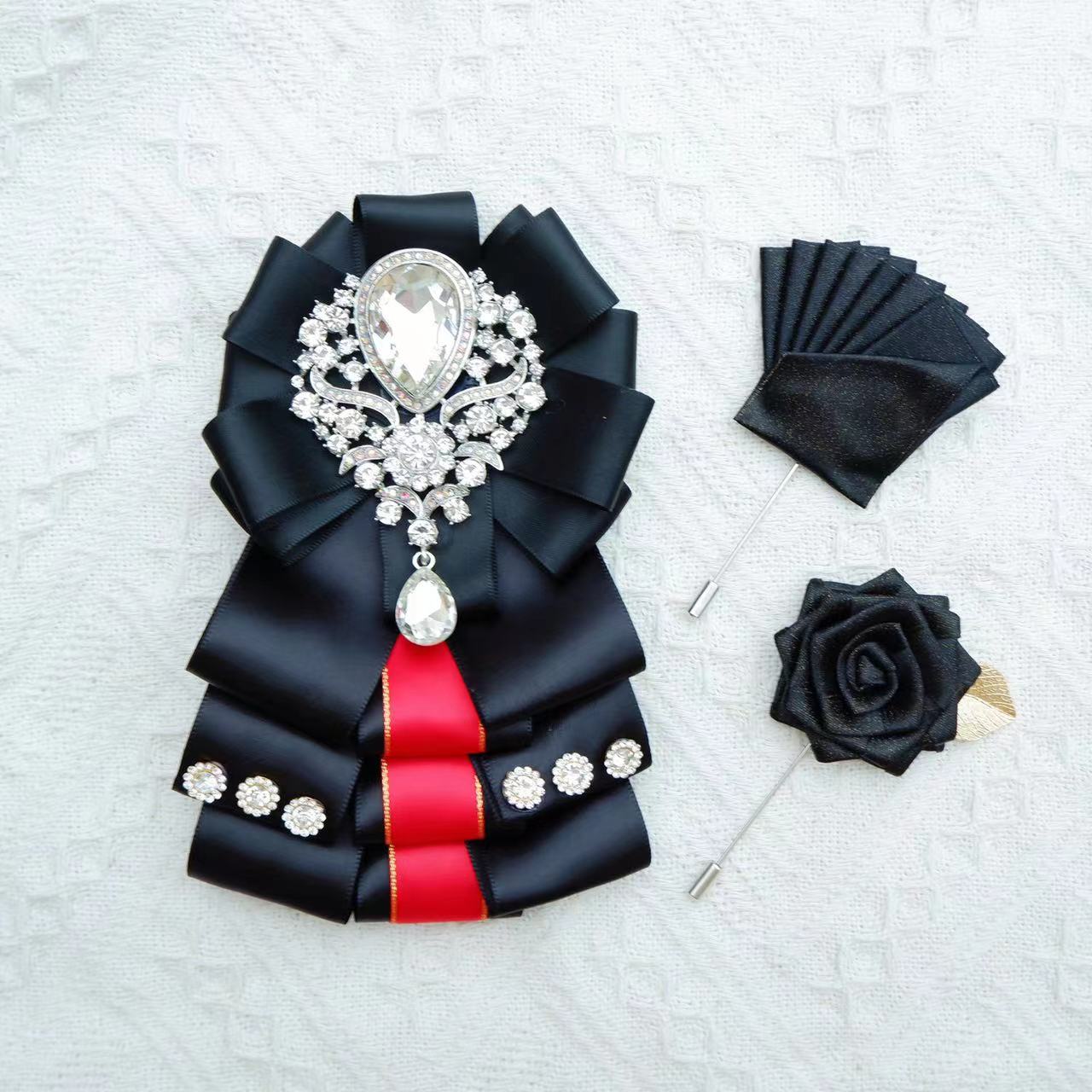 Handgefertigtes Herren-Hochzeits-Fliege-Set mit originellem Schmuck, britischer koreanischer Business-Anzug, Hemd, Strass-Kragen, Blumen-Taschen-Handtuchnadeln – Detail 2
